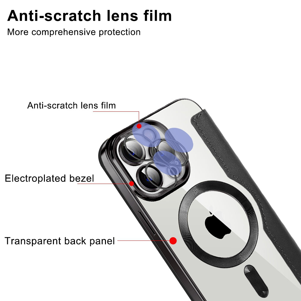 For iPhone 13 Pro Max 6.7 inch Compatible with MagSafe RFID Blocking Card Slots Bump Proof PU Leather TPU Electroplating Clear Back Flip Case with Lens Film For iPhone 13 Pro Max 6.7 inch Compatible with MagSafe RFID Blocking Card Slots Bump Proof PU Leather TPU Electroplating Clear Back Flip Case with Lens Film